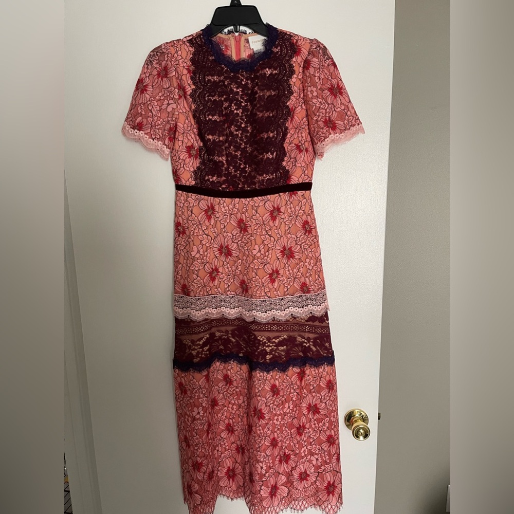 Foxiedox Sadie Midi Dress Pink Multi Short Sleeve Lace Overlay Tiered Prairie